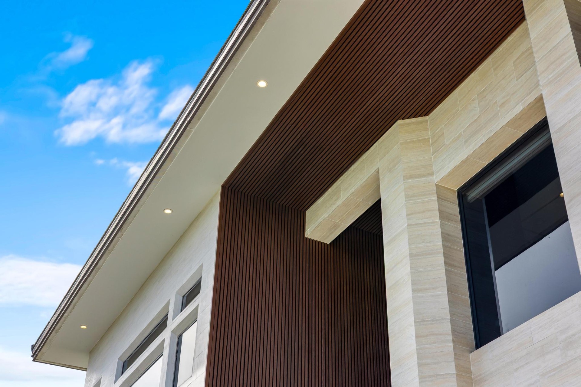 Modern exterior wood wall design on contemporary building