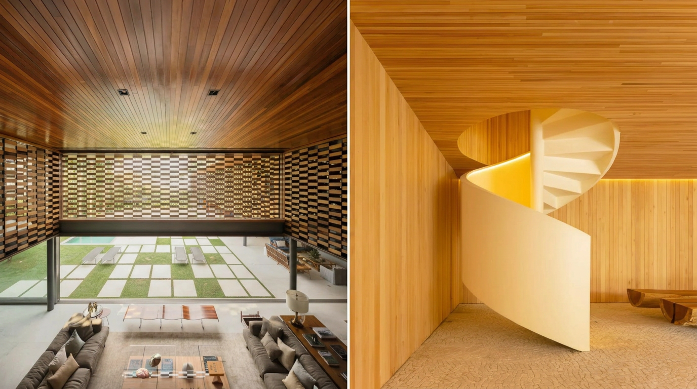 Cumaru hardwood ceiling (left) compared with Garapa hardwood wall cladding (right)